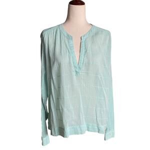 Carve Designs Split Neck Loose Long Sleeve Casual Shirt Womens XL Green Sheer